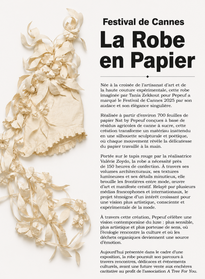 Cartel explicatif Pepeuf en français, format A3, présentant la démarche, la matière et les signataires de la robe